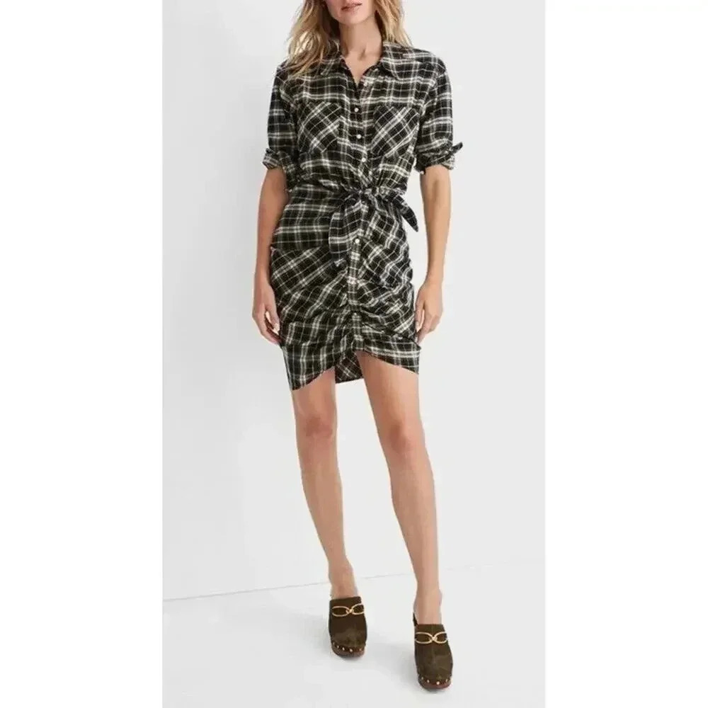 Veronica Beard Sierra Plaid Flannel Ruched Shirt Dress Womens Size 4 NWT